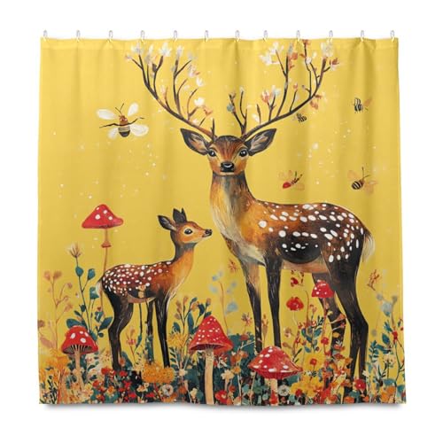 KLL Robuste Vorhänge mit Cartoon-Motiv "Sika-Hirsch", dekorativ, wasserdicht, für das Badezimmer, mit Haken, Polyester-Stoff, waschbar, Wannenvorhang, Auskleidung für Bad, dekorativ, Herbstdekoration von KLL
