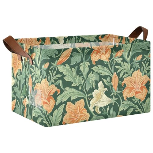 KLL Robuster Aufbewahrungskorb im Vintage-Stil, Motiv: Lilie, grüne Blätter, William Morris-Stil, großer Stoff-Aufbewahrungskorb mit Griffen, Schrank-Organizer für Kleider-Organizer und Aufbewahrung KLL Robuster Aufbewahrungskorb im Vintage-Stil, Motiv: Lilie, grüne Blätter, William Morris-Stil, großer Stoff-Aufbewahrungskorb mit Griffen, Schrank-Organizer für Kleider-Organizer und Aufbewahrung von KLL