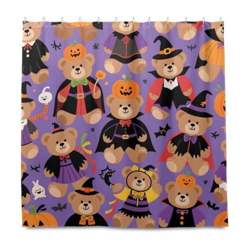 KLL Süßer brauner Bär-Kürbis für Halloween, dekoratives wasserabweisendes Material, bedruckter Duschvorhang mit Haken, Polyester, waschbarer Stoff, schicker Vorhang für Badezimmer, Badewanne von KLL