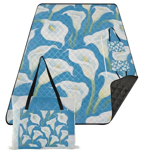 KLL Weiße und blaue Calla-Lilien, wasserdichte Campingmatte, niedlicher Rasen, tragbare Picknickdecke für Familie, Paare, Geschenkband KLL Weiße und blaue Calla-Lilien, wasserdichte Campingmatte, niedlicher Rasen, tragbare Picknickdecke für Familie, Paare, Geschenkband von KLL