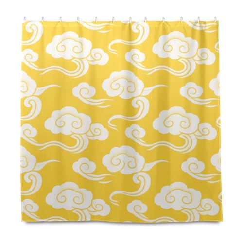 KLL Weißes chinesisches verheißungsvolles Wolkenmuster, gelber Hintergrund, dekorativ, wasserabweisend, Badezimmer-Vorhang-Set mit Haken, Polyester, maschinenwaschbar, Wannenvorhang, Auskleidung für von KLL