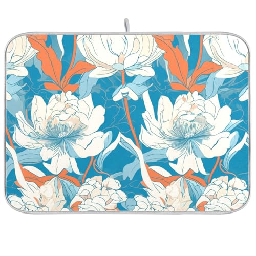 Küchenmatte mit frischem Blumenmuster, Weiß / Blau, Art-Deco-Stil, für Theke, Abtropfmatte, Größe XL, 45,7 x 61 cm von KLL