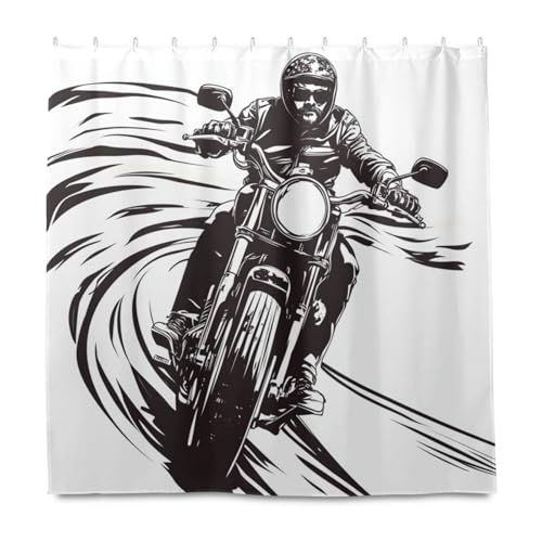 Motorradfahrer reitet klassisches Fahrrad, dekorativer wasserdichter Vorhang für Dusche mit Haken, Polyester, maschinenwaschbar, Stoff-Duschvorhang, Auskleidung für Raumdusche, Herbstdekoration von KLL