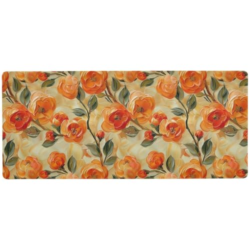 Ölgemälde Mandarine Floral Orange Grün Dünnes großes Mauspad für Schreibtische, rutschfest, cooles Mauspad, 80 x 30 cm von KLL