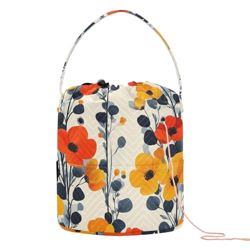 Rote gelbe Blumen, schwarze Blätter, moderne skandinavische Nadelaufbewahrung mit Löchern, Aufbewahrung, Häkeln, für Stricknadeln, Bolsas Para, Häkeln von KLL