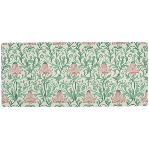 Schreibtisch-Mauspad im Retro-Stil, Motiv: rosa Glockenblume, grüne Blätter, dünnes Schreibtisch-Mauspad für Gaming, modernes Büro, 80 x 30 cm von KLL