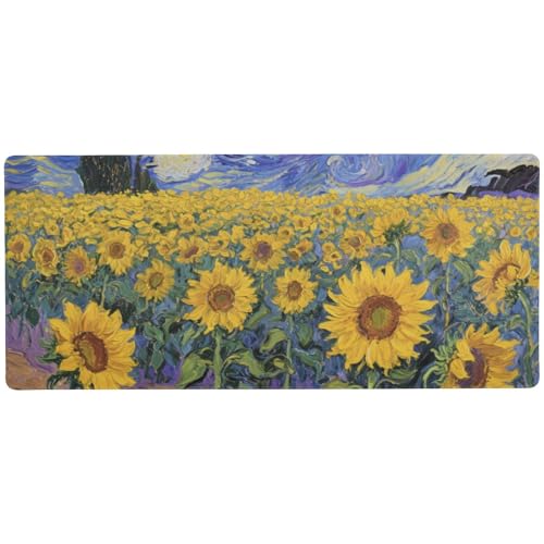 Sternenhimmel, Sonnenblumen, Ölgemälde, rutschfest, großes Gaming-Mauspad für Zuhause, Büro, moderne kleine Schreibtischunterlage für Tastatur und Tiere, 80 x 30 cm von KLL