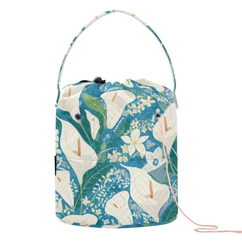 Vintage Calla Lilie Blumen Weiß Blau Grün Häkelgarn Tasche Tragbare Tragetasche Garn für Strickwerkzeuge estambres para tejer häkeln von KLL
