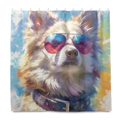 Weißer Husky-Hund mit Sonnenbrille, dekorativer wasserabweisender Stoff, Badvorhang mit Haken, Polyester, waschbar, Badezimmer-Duschvorhang, Auskleidung für Badezimmer, Herbstdekoration Weißer Husky-Hund mit Sonnenbrille, dekorativer wasserabweisender Stoff, Badvorhang mit Haken, Polyester, waschbar, Badezimmer-Duschvorhang, Auskleidung für Badezimmer, Herbstdekoration von KLL