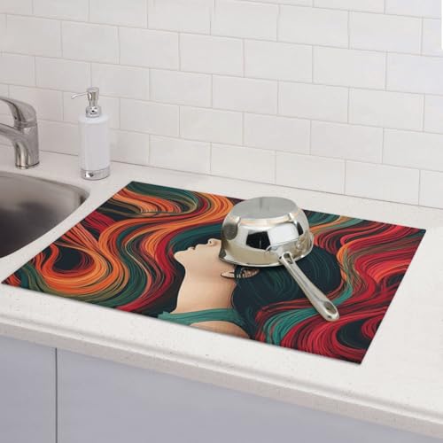 Abtropfmatten für Küchentheke, super saugfähig, wendbar, Mikrofaser, Küchenarbeitsplattenschutz, Frau mit langen bunten Haaren, Abtropfmatte, 45,7 x 61 cm von KLLTYHMU