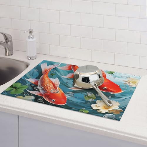Abtropfmatten für Küchentheke, super saugfähig, wendbar, Mikrofaser, Küchenarbeitsplattenschutz, japanische hübsche rote Karpfen-Fischgerichte, Abtropfmatte, 45,7 x 61 cm von KLLTYHMU