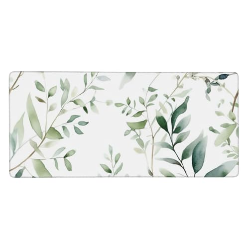 Großes Gaming-Mauspad, 40,6 x 90,2 cm, rutschfestes, verlängertes XXL-Mauspad, lange Schreibtischunterlage mit genähten Kanten, für Tastatur, Heimbüro, Gaming, Arbeit, Weiß, natürlicher grüner Zweig von KLLTYHMU