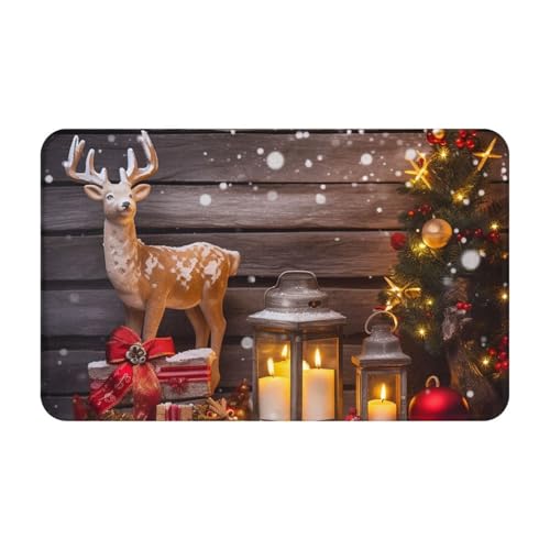 KLLTYHMU Flanell-Fußmatte, weich, saugfähig, für Innen- und Außenbereich, rutschfest, waschbar, Badteppich, Motiv: Frohe Weihnachten, Holzbrett, Kerze, Hirsch, Bodenmatte, 50,8 x 80,9 cm, für von KLLTYHMU