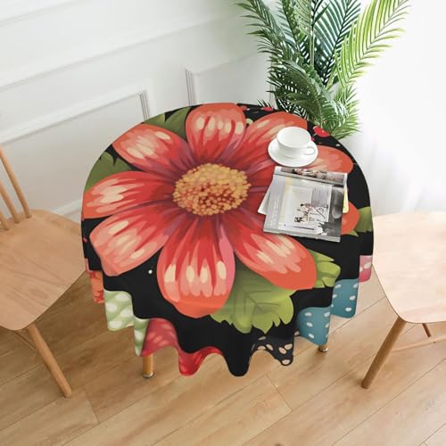 KLLTYHMU Runde Tischdecken, wasserdicht, flecken- und knitterfrei, Blumen-Punkte, dekorative Bauernhaus-Tischdecke für Picknick, Party, Esszimmer, Zuhause, Innen- und Außenbereich von KLLTYHMU
