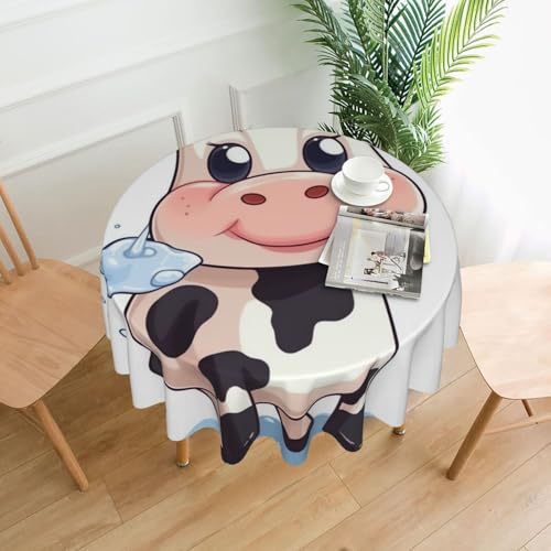KLLTYHMU Runde Tischdecken, wasserdicht, flecken- und knitterfrei, Motiv: Cartoon-Milch, Kuh, dekorative Bauernhaus-Tischdecke für Picknick, Party, Esszimmer, Zuhause, Innen- und Außenbereich von KLLTYHMU