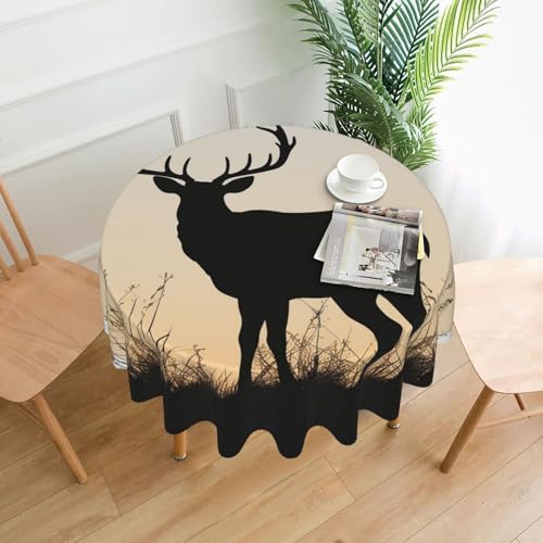 KLLTYHMU Runde Tischdecken, wasserdicht, flecken- und knitterfrei, runde Tischdecke, Hirsch-Silhouette, dekorative Bauernhaus-Tischdecke für Picknick, Party, Esszimmer, Zuhause, Innen- und von KLLTYHMU