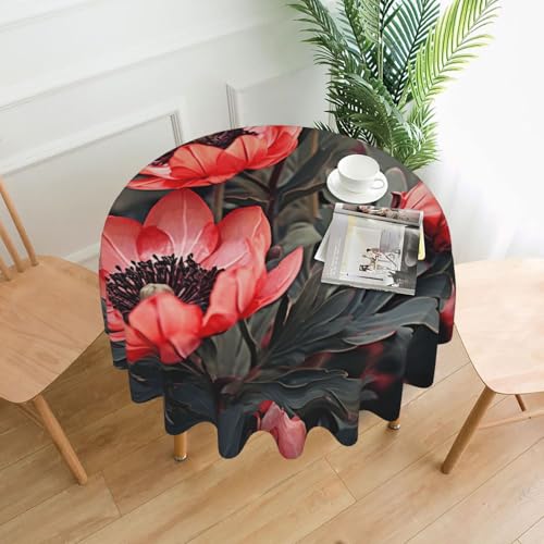 KLLTYHMU Runde Tischdecken, wasserdicht, flecken- und knitterfrei, runde Tischdecke, rote Blumen, dekorative Bauernhaus-Tischdecke für Picknick, Party, Esszimmer, Zuhause, Innen- und Außenbereich von KLLTYHMU