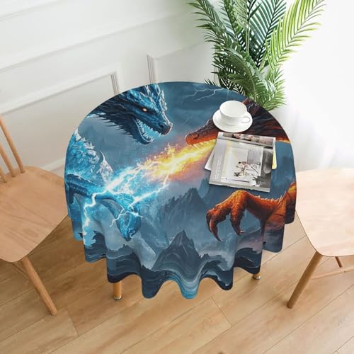 Runde Tischdecke, wasserdicht, flecken- und knitterfrei, Eisdrache und Feuerdrache, dekorative Bauernhaus-Tischdecke für Picknick, Party, Esszimmer, Zuhause, Innen- und Außenbereich Runde Tischdecke, wasserdicht, flecken- und knitterfrei, Eisdrache und Feuerdrache, dekorative Bauernhaus-Tischdecke für Picknick, Party, Esszimmer, Zuhause, Innen- und Außenbereich von KLLTYHMU
