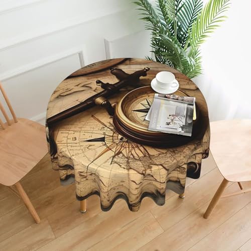 Runde Tischdecken, 152,4 cm, wasserdicht, flecken- und knitterfrei, Kreistischdecke, Kompass und alte Weltkarte, dekorative Bauernhaus-Tischdecke für Picknick, Party, Esszimmer, Zuhause, Innen- und Runde Tischdecken, 152,4 cm, wasserdicht, flecken- und knitterfrei, Kreistischdecke, Kompass und alte Weltkarte, dekorative Bauernhaus-Tischdecke für Picknick, Party, Esszimmer, Zuhause, Innen- und von KLLTYHMU