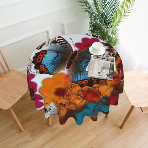 Runde Tischdecken, 152,4 cm, wasserdicht, flecken- und knitterfrei, runde Tischdecke, bunte Blumen, Schmetterlinge, dekorative Bauernhaus-Tischdecke für Picknick, Party, Esszimmer, Zuhause, Innen- und Runde Tischdecken, 152,4 cm, wasserdicht, flecken- und knitterfrei, runde Tischdecke, bunte Blumen, Schmetterlinge, dekorative Bauernhaus-Tischdecke für Picknick, Party, Esszimmer, Zuhause, Innen- und von KLLTYHMU