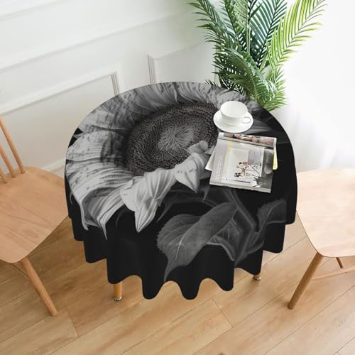 Runde Tischdecken, wasserdicht, flecken- und knitterfrei, Sonnenblume, schwarz, grau, dekorative Bauernhaus-Tischdecke für Picknick, Party, Esszimmer, Zuhause, Innen- und Außenbereich Runde Tischdecken, wasserdicht, flecken- und knitterfrei, Sonnenblume, schwarz, grau, dekorative Bauernhaus-Tischdecke für Picknick, Party, Esszimmer, Zuhause, Innen- und Außenbereich von KLLTYHMU