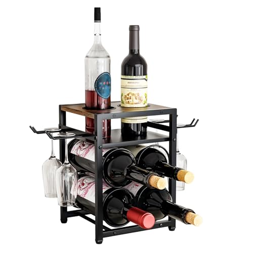 KLM Weinregal Arbeitsplatte, 6 Flaschen 4 Glashalter, moderner Holzständer mit Tablett, Schwarz von KLM