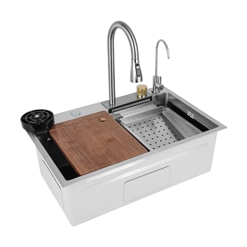 Edelstahl Küche Spülbecken 68x35x21cm Modernes Wasserfall-Küchenspüle Multifunktionale Edelstahlspüle mit Schneidebrett, Becherreinigungsfunktion, Abtropfkorb und Wasserhähne Küchenspüle für Wohnungen von KLOOLIVE
