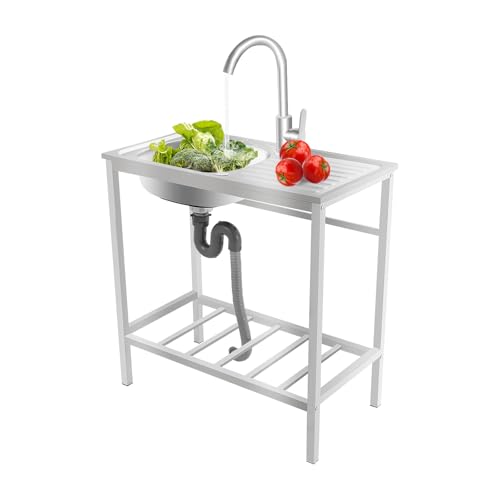 Freistehende Edelstahl Spültisch 1 Becken, 75x40x75 cm Gastro Waschbecken, Spülbecken Küche, Gewerbliche Spülbecken mit 360° Drehbare Wasserhahn, Werkbank Und Lagerregalen, für Freien und Restaurants von KLOOLIVE