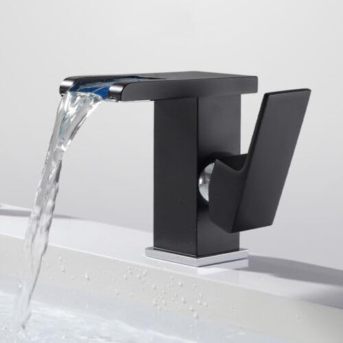 LED Wasserhahn Waschtisch Armatur 3 Farbewechsel Farbtemperatur Wasserfall RGB Bad Waschbecken Einhandmischer Kaltes und Heißes Wasser Vorhanden (Schwarz) von KLOOLIVE