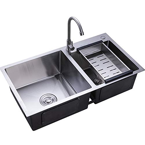 Spülbecken 78 x 43 cm Edelstahl Küchenspüle Doppelwaschbecken Einbauspüle Spüle Küche 2 Becken Großes Fassungsvermögen mit Wasserhahn Abtropfkorb von KLOOLIVE