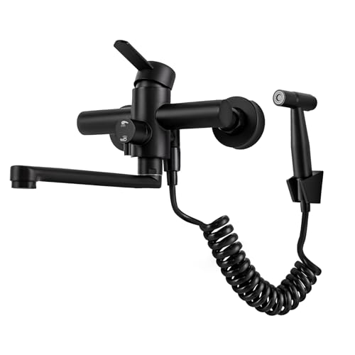 Wasserhahn Küchenarmatur Wandmontage mit Spritzpistole Unterputz Küche Spülbecken Armatur 360° Drehbare Spültischarmatur Schwarz von KLOOLIVE