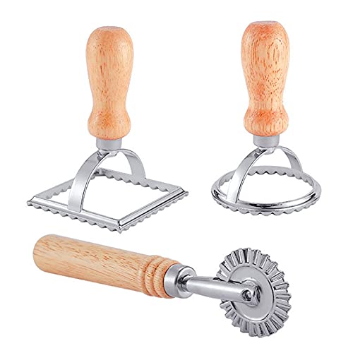 3-teiliges Ravioli-Schneider mit Rollenrad-Set, Schneider, Teig, Nudelmaschine, Form mit Holzgriff, geriffelter Kante, Pasta-Presse, Küchen-Befestigungsstempel-Set von KLOVA