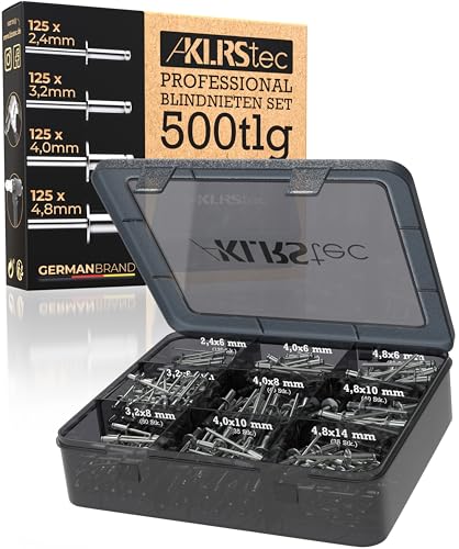 KLRStec Professional Blindnieten Set [500tlg.] Aluminium/Stahl Popnieten Set für Nietenzangen 125 Stk. jeder Größe (2,4mm, 3,2mm, 4,0mm und 4,8mm) von KLRS