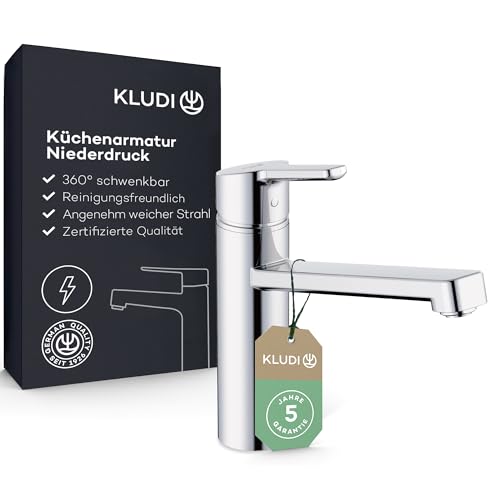 KLUDI-M3 Niederdruck Armatur Küche 360° schwenkbar, Wasserhahn Küche mit 1 Strahlart, Mischbatterie Küche mit komfortabler Auslaufhöhe von 17 cm, Küchenarmatur leichte Reinigung, Chrom von Kludi