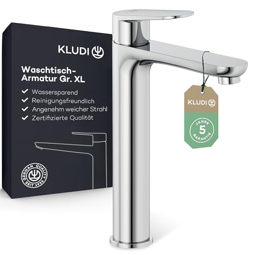 KLUDI-X1 Waschtischarmatur, Auslaufhöhe 210 mm, wassersparender Wasserhahn Bad Größe XL, Keramikkartusche, Mischbatterie Waschbecken inkl. Anschlussschläuche in Chrom von Kludi
