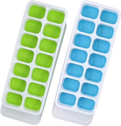 Eiswürfelbehälter, 2er-Pack Eiswürfelformen mit auslaufsicherem, abnehmbarem Deckel, flexible Eiswürfelschale aus Silikon für Kühlschrank, Whisky, Cocktails und Getränke (2er-Pack, blau und grün) von KLUFO