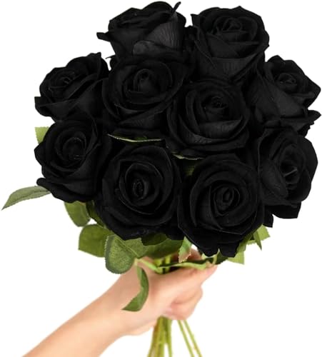 KLUFO Künstliche Schwarze Rosen Falsche Samt Seidenrosen mit Stielen Blumengeschenke Hochzeitsdekoration Party Heimdekoration von KLUFO