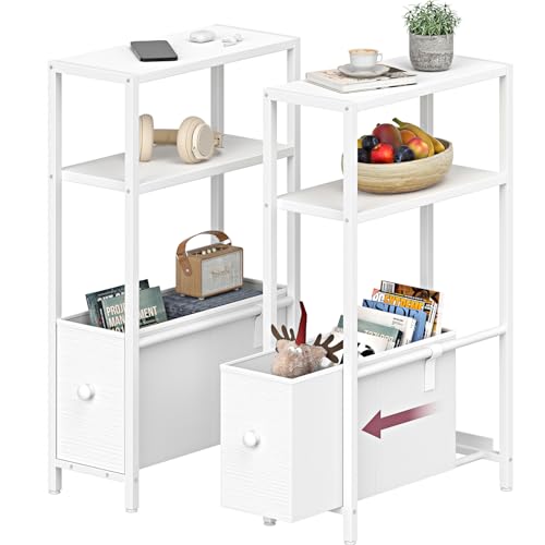 KLUVIS Skinny Beistelltisch mit Stauraum – Schmaler Beistelltisch für kleine Räume, Schlafzimmer, Wohnzimmer, schmaler Nachttisch, dünne Nachttische, 2er-Set, Weiß (06W2) von KLUVIS