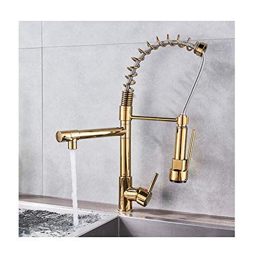 Küchenspüle Wasserhahn Messing mit ausziehbarem Sprüher, Federkopf, Doppelauslauf, Einhandgriff, herunterziehbar, 360° schwenkbar, Küchenmischbatterie, Waschtischarmatur, Gold Küchenspüle Wasserhahn Messing mit ausziehbarem Sprüher, Federkopf, Doppelauslauf, Einhandgriff, herunterziehbar, 360° schwenkbar, Küchenmischbatterie, Waschtischarmatur, Gold von KLYDBMYT