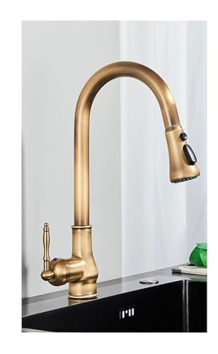 Küchenspüle-Wasserhahn aus antikem Messing, herunterziehbarer, schwenkbarer Auslauf, Bodenmontage, Badezimmer, Warm- und Kaltwassermischer, Waschtischarmatur (Antikmessing B) von KLYDBMYT