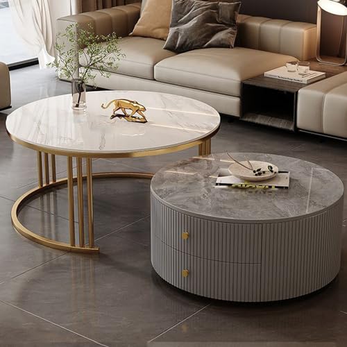 Moderne runde Couchtische im 2er-Set mit großem Stauraum, pflegeleicht für Wohnzimmer, Schlafzimmer, Büro, Balkon und Wohnung (Motley-M, 23,6 * 13,7 + 31,4 * 17,7 Zoll) von KLYDBMYT