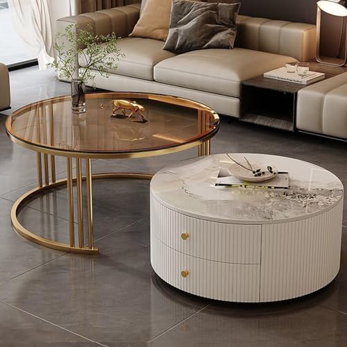 Moderne runde Couchtische im 2er-Set mit großem Stauraum, pflegeleicht für Wohnzimmer, Schlafzimmer, Büro, Balkon und Wohnung (Motley-R, 23,6 * 13,7 + 27,5 * 17,7 Zoll) von KLYDBMYT