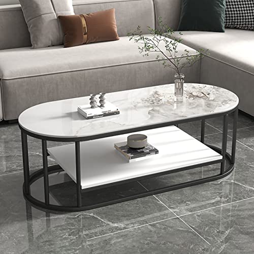 Moderner Mitteltisch, Wohnzimmertisch mit Ablagefläche, ovaler Couchtisch mit Sintersteinplatte und Metallstahlrahmen, einfach zu montierender Sofatisch, Teetisch für Wohnzimmer, Büro, Café-Bar von KLYDBMYT