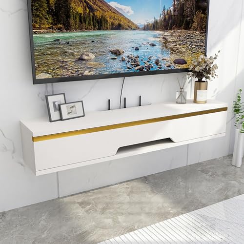 Schwebender TV-Ständer, modern, Meuble Flottant mit Schubladen, Fernsehständer, Wandschrank aus Massivholz, moderner schwebender TV-Ständer aus Massivholz mit Schubladen – wandmontierte Medienkonsol von KLYDBMYT