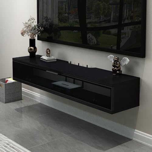 Schwebender TV-Ständer, modernes Meuble Flottant mit Schubladen, Fernsehständer, Wandschrank aus Massivholz, Schwebender TV-Ständer mit Schubladen, Wand-Entertainment-Center, modernes Medien-Con von KLYDBMYT