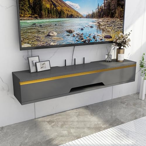 Schwebender TV-Ständer, modernes Meuble Flottant mit Schubladen, Fernsehständer, Wandschrank aus Massivholz, grauer schwebender TV-Ständer aus Massivholz mit Schubladen – wandmontierte Medienkonsole von KLYDBMYT