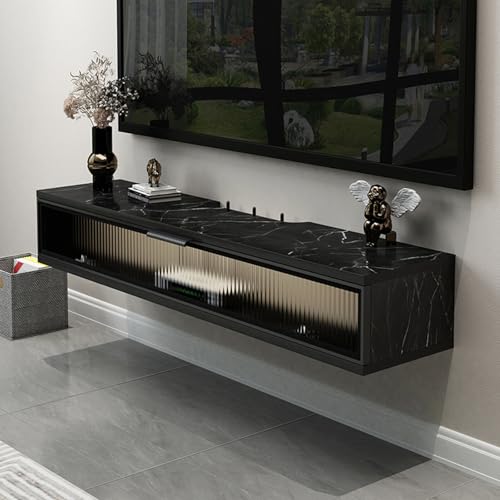 Schwebender TV-Ständer, modernes Meuble Flottant mit Schubladen, Fernsehständer, Wandschrank aus Massivholz, moderner schwebender TV-Ständer aus schwarzem Marmor mit Schubladen, an der Wand montiert von KLYDBMYT