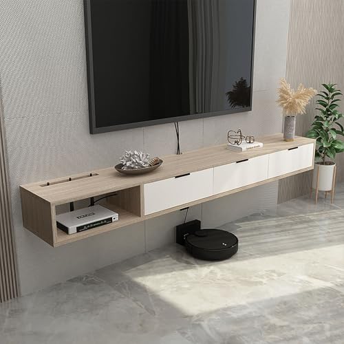 Schwebender TV-Ständer, modernes Meuble Flottant mit Schubladen, Fernsehständer, Wandschrank aus Massivholz, schwebender TV-Ständer zur Wandmontage – schmales Entertainment-Center mit Lagerschrank von KLYDBMYT