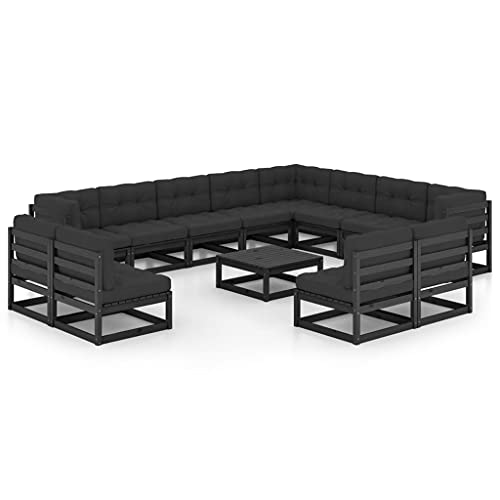 13-TLG. Garten-Lounge-Set mit Kissen Schwarz Massivholz Kiefer Gartenmöbel, Gartenmöbel-Sets von KLYEON