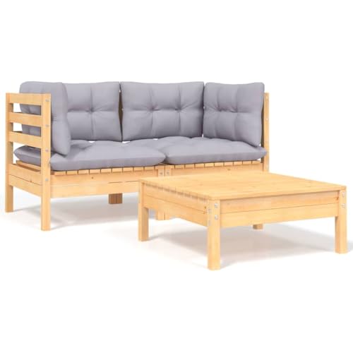 3-TLG. Garten-Lounge-Set mit Grauen Kissen Kiefer Massivholz Garten Sofa 3-TLG. Garten-Lounge-Set mit Grauen Kissen Kiefer Massivholz Garten Sofa von KLYEON